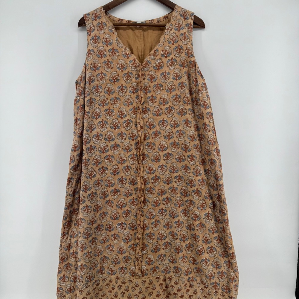 Pure Jill Elements Floral Midi Dress Women L Tan Sleeveless V-Neck Cotton Pocket